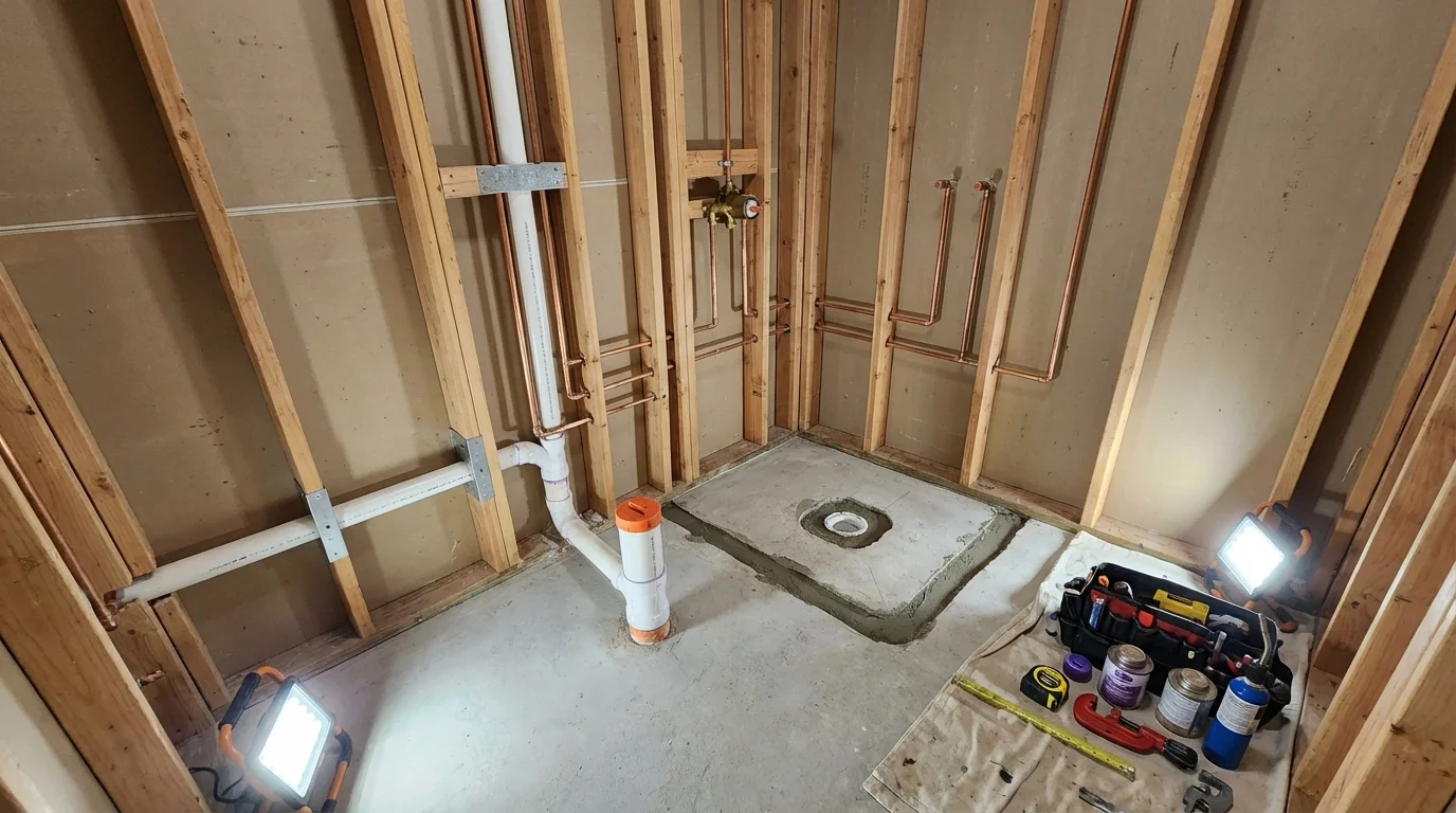 Bathroom rough-in plumbing during remodel by Johns Plumbing LLC in Short Hills