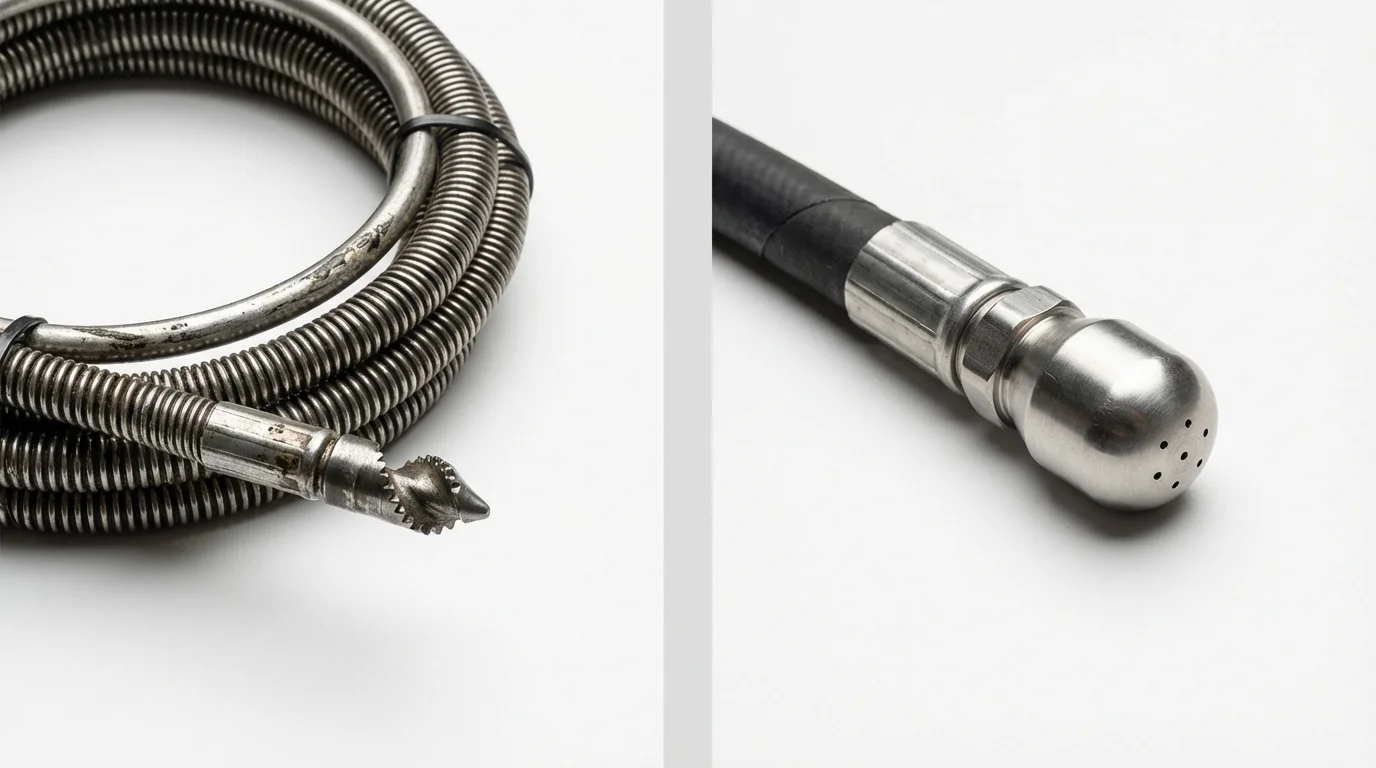 Drain snake cable and hydro jetting nozzle used for drain cleaning in Short Hills, NJ