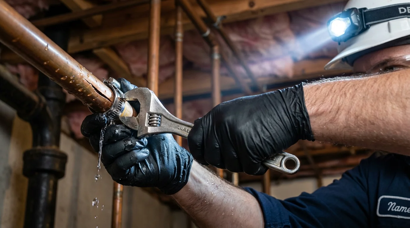 Emergency pipe clamp repair being performed by a Johns Plumbing LLC plumber in Short Hills
