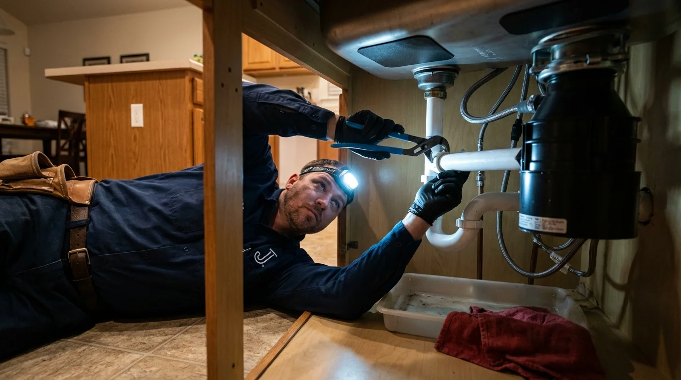 P-trap and supply line connections under a kitchen sink showing a common leak point in Short Hills, NJ